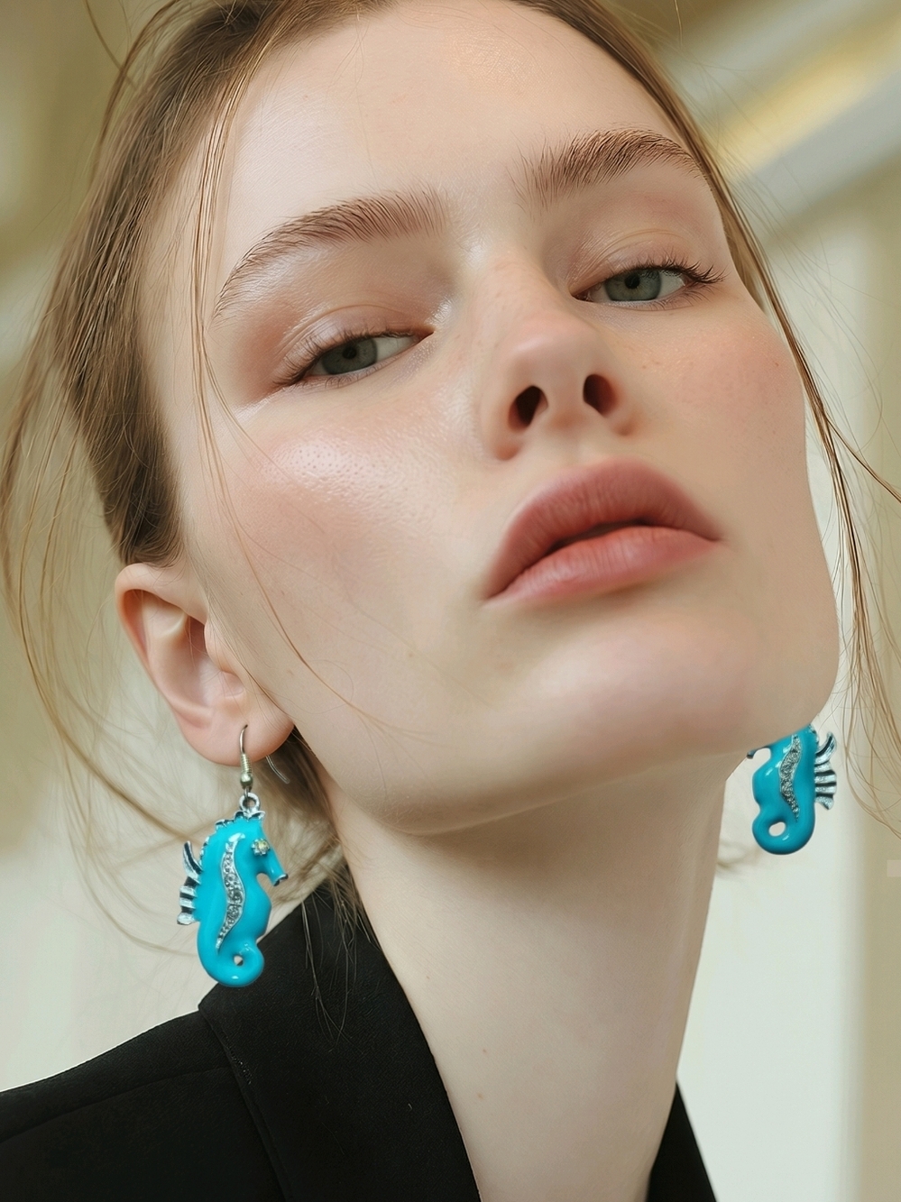 NWT Aqua Seahorse Dangle Earrings with Rhinestone Detail 1 1/4"